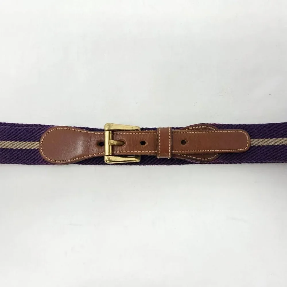VINTAGE DOONEY & BOURKE BROWN LEATHER PURPLE STRIPE WOOL WOMENS BELT 34 1.25